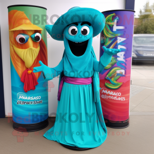 Turquoise Fajitas mascot costume character dressed with a Maxi Dress and Cummerbunds