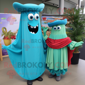 Turquoise Fajitas mascot costume character dressed with a Maxi Dress and Cummerbunds