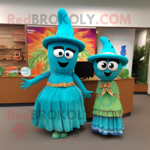 Turquoise Fajitas mascot costume character dressed with a Maxi Dress and Cummerbunds