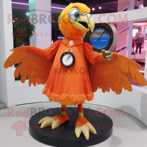 Orange Vulture mascot costume character dressed with a Circle Skirt and Bracelet watches