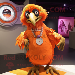 Orange Vulture mascot costume character dressed with a Circle Skirt and Bracelet watches