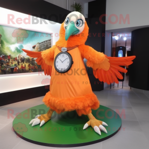 Orange Vulture mascot costume character dressed with a Circle Skirt and Bracelet watches