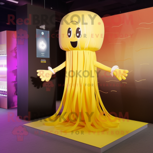 Yellow Jellyfish mascot costume character dressed with a Pleated Skirt and Anklets
