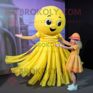 Yellow Jellyfish mascot costume character dressed with a Pleated Skirt and Anklets
