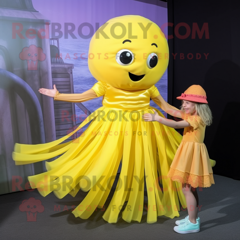 Yellow Jellyfish mascot costume character dressed with a Pleated Skirt and Anklets Yellow Jellyfish mascot costume character dressed with a Pleated Skirt and Anklets