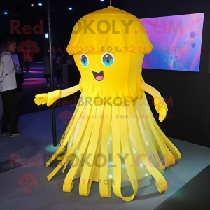 Yellow Jellyfish mascot costume character dressed with a Pleated Skirt and Anklets