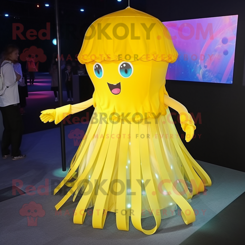 Yellow Jellyfish mascot costume character dressed with a Pleated Skirt and Anklets Yellow Jellyfish mascot costume character dressed with a Pleated Skirt and Anklets