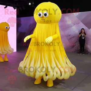 Yellow Jellyfish mascot costume character dressed with a Pleated Skirt and Anklets