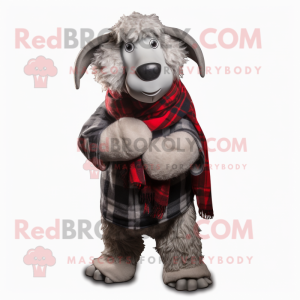 Silver Suffolk Sheep mascot costume character dressed with a Flannel Shirt and Scarves