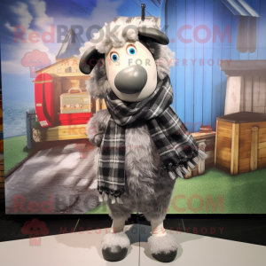 Silver Suffolk Sheep mascot costume character dressed with a Flannel Shirt and Scarves