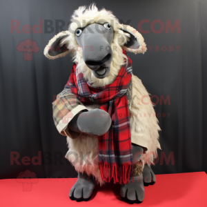 Silver Suffolk Sheep mascot costume character dressed with a Flannel Shirt and Scarves