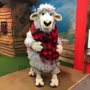 Silver Suffolk Sheep mascot costume character dressed with a Flannel Shirt and Scarves