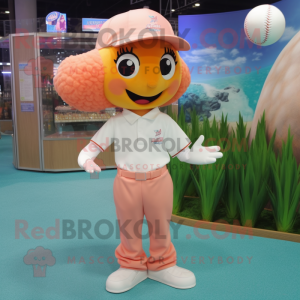 Peach Mermaid mascot costume character dressed with a Polo Shirt and Caps