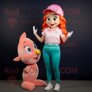 Peach Mermaid mascot costume character dressed with a Polo Shirt and Caps