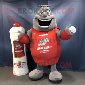 Gray Bottle Of Ketchup mascot costume character dressed with a Rugby Shirt and Belts