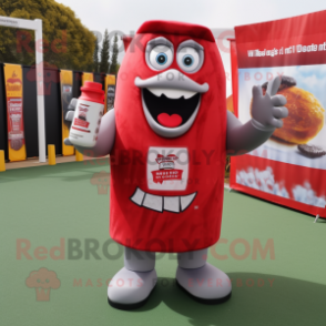 Gray Bottle Of Ketchup mascot costume character dressed with a Rugby Shirt and Belts