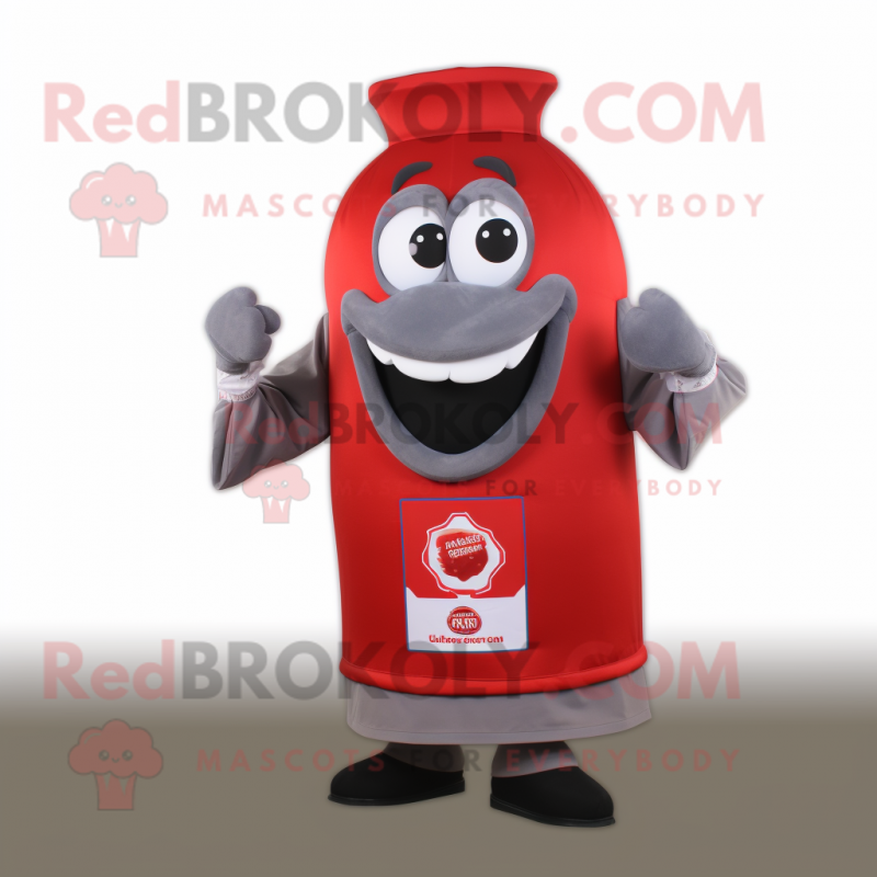 Gray Bottle Of Ketchup mascot costume character dressed with a Rugby Shirt and Belts Gray Bottle Of Ketchup mascot costume character dressed with a Rugby Shirt and Belts