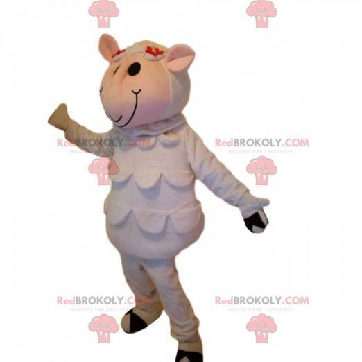 Mascotte de mouton blanc rigolo et coquet - Redbrokoly.com