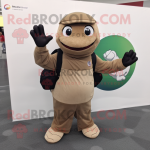 Tan Juggle mascot costume character dressed with a Turtleneck and Messenger bags