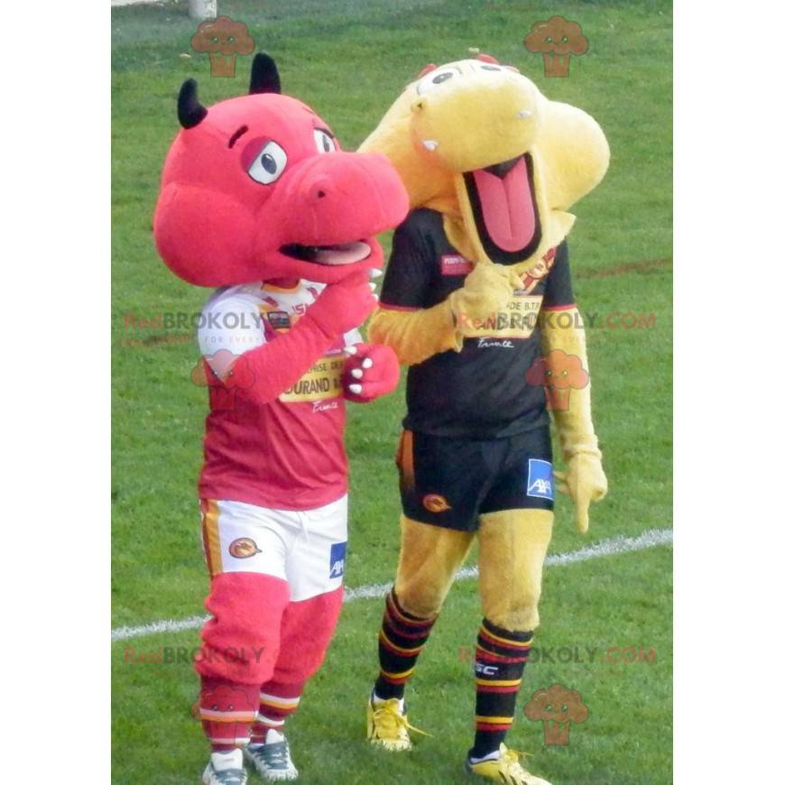 2 dragon mascots one red and the other yellow - Redbrokoly.com