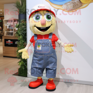 nan Pepper mascot costume character dressed with a Overalls and Clutch bags