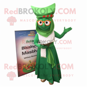 Green Tikka Masala mascot costume character dressed with a Dress and Reading glasses