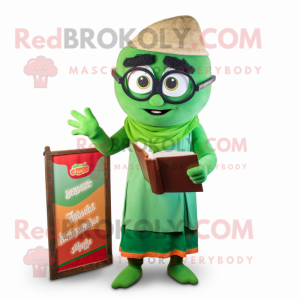 Green Tikka Masala mascot costume character dressed with a Dress and Reading glasses