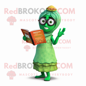 Green Tikka Masala mascot costume character dressed with a Dress and Reading glasses