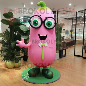 Pink Cucumber mascot costume character dressed with a Midi Dress and Eyeglasses