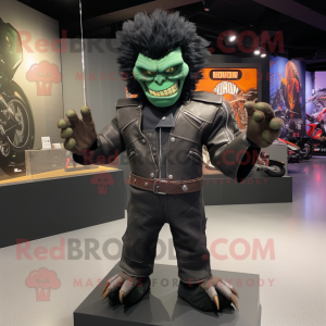 Black Frankenstein'S Monster mascot costume character dressed with a Moto Jacket and Foot pads