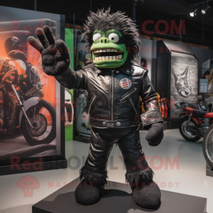 Black Frankenstein'S Monster mascot costume character dressed with a Moto Jacket and Foot pads