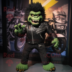 Black Frankenstein'S Monster mascot costume character dressed with a Moto Jacket and Foot pads