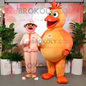 Peach Roosters mascot costume character dressed with a Jumpsuit and Wraps