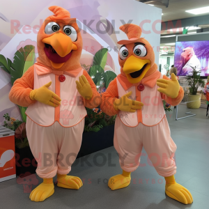 Peach Roosters mascot costume character dressed with a Jumpsuit and Wraps