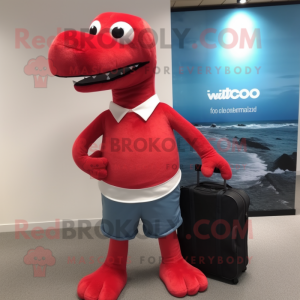 Red Diplodocus mascot costume character dressed with a Board Shorts and Briefcases