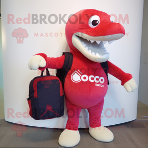 Red Diplodocus mascot costume character dressed with a Board Shorts and Briefcases