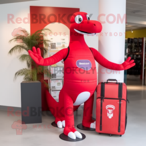 Red Diplodocus mascot costume character dressed with a Board Shorts and Briefcases