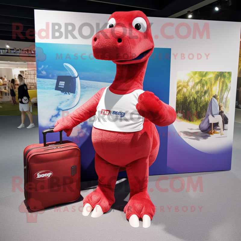 Red Diplodocus mascot costume character dressed with a Board Shorts and Briefcases