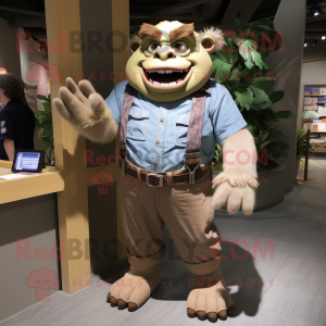 Tan Ogre mascot costume character dressed with a Chambray Shirt and Ties