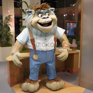 Tan Ogre mascot costume character dressed with a Chambray Shirt and Ties