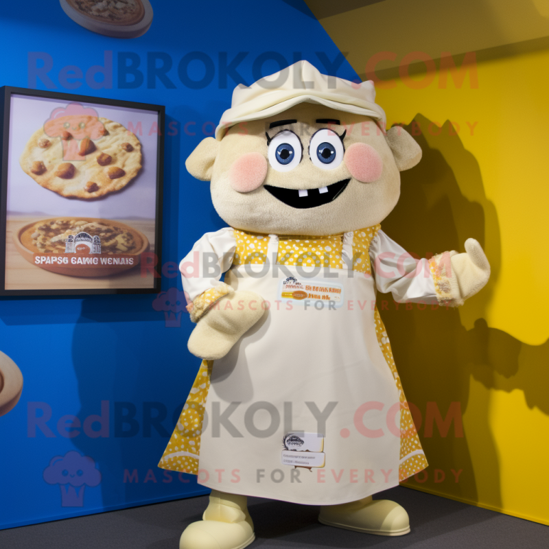 Cream Goulash mascot costume character dressed with a Blouse and Coin purses Cream Goulash mascot costume character dressed with a Blouse and Coin purses