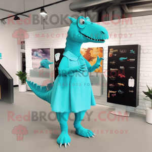 Cyan Iguanodon mascot costume character dressed with a Wrap Dress and Shoe clips