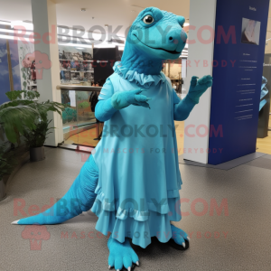 Cyan Iguanodon mascot costume character dressed with a Wrap Dress and Shoe clips
