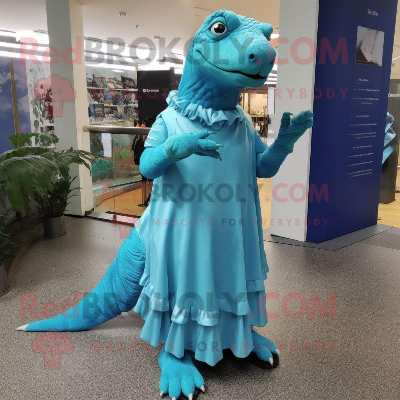 Cyan Iguanodon mascot costume character dressed with a Wrap Dress and Shoe clips Cyan Iguanodon mascot costume character dressed with a Wrap Dress and Shoe clips