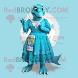 Cyan Iguanodon mascot costume character dressed with a Wrap Dress and Shoe clips