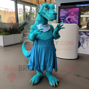 Cyan Iguanodon mascot costume character dressed with a Wrap Dress and Shoe clips