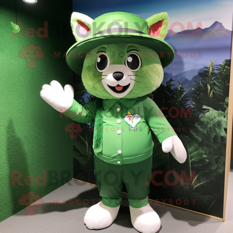 Forest Green Cat mascot costume character dressed with a Rash Guard and Hat pins