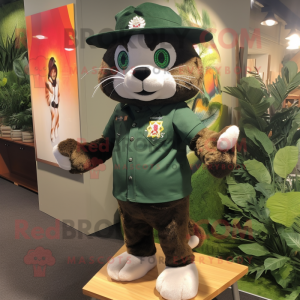 Forest Green Cat mascot costume character dressed with a Rash Guard and Hat pins