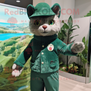 Forest Green Cat mascot costume character dressed with a Rash Guard and Hat pins