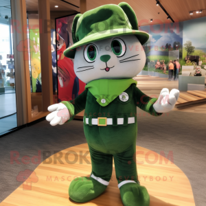 Forest Green Cat mascot costume character dressed with a Rash Guard and Hat pins